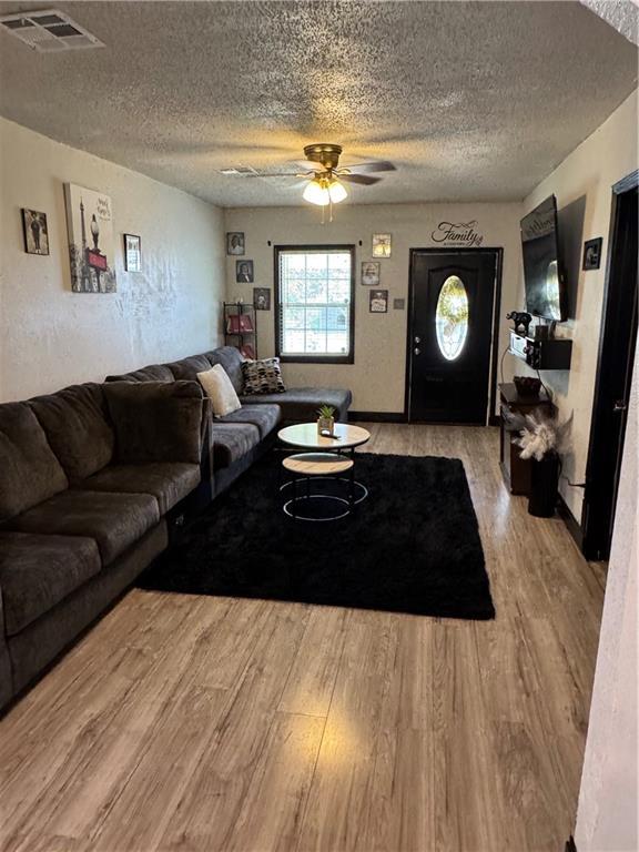 2903 Arlington St, Jefferson, LA 70121 - living room featuring a textured ceiling, ceiling fan, and light wood finished floors
