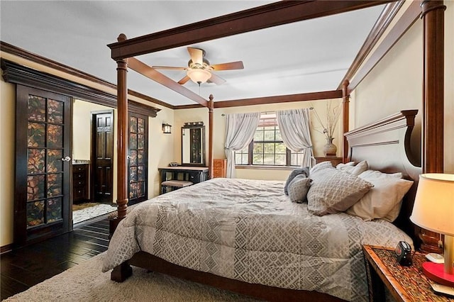 201 Milbank Ln, Pearl River, LA 70452 - bedroom featuring wood-type flooring, ornamental molding, access to outside, and ceiling fan