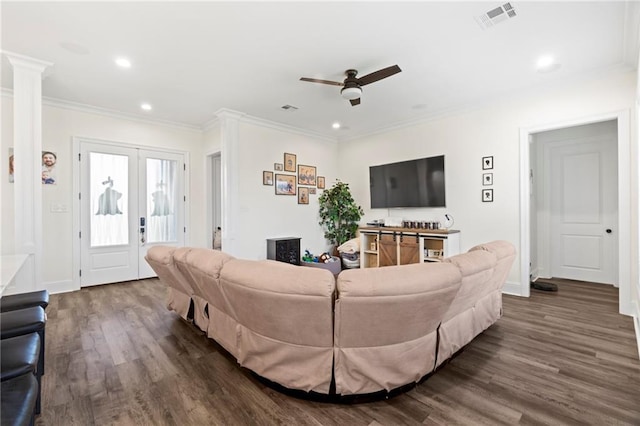 218 Belle Ormond Cir, Destrehan, LA 70047 - living room with dark wood-type flooring, recessed lighting, a ceiling fan, ornamental molding, and ornate columns