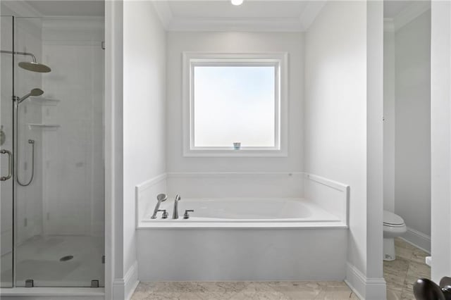 218 Belle Ormond Cir, Destrehan, LA 70047 - bathroom featuring ornamental molding, a garden tub, and a stall shower