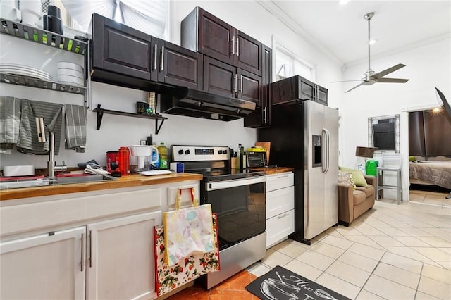 1801 Adams St, New Orleans, LA 70118 - kitchen with appliances with stainless steel finishes, under cabinet range hood, crown molding, ceiling fan, and light tile patterned floors