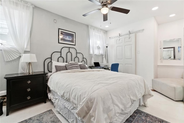 1801 Adams St, New Orleans, LA 70118 - bedroom with a barn door, recessed lighting, and ceiling fan