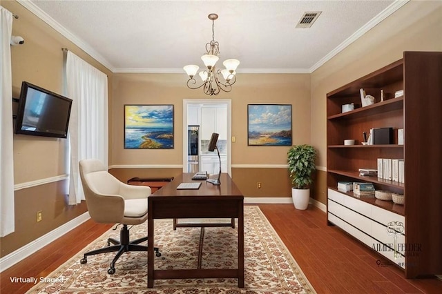 16233 Cody Ln, Covington, LA 70435 - office with dark wood-style floors, crown molding, and a chandelier