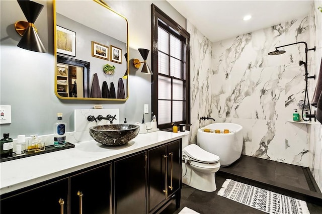 1808 N Rampart St, New Orleans, LA 70116 - full bath with vanity, a freestanding tub, tile walls, and recessed lighting