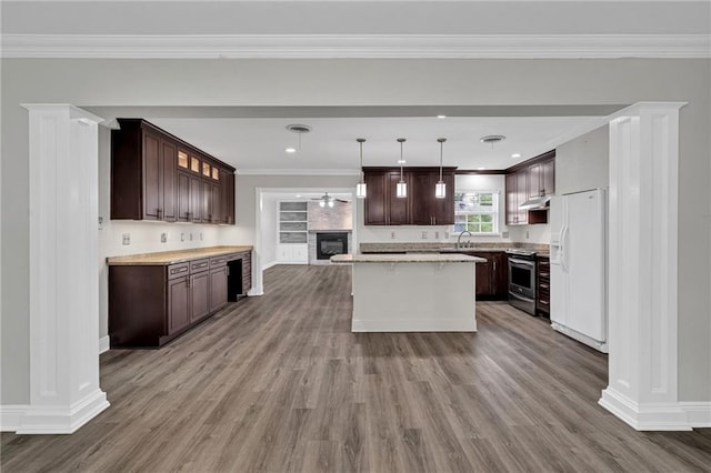 566 Welham Loop, La Place, LA 70068 - kitchen featuring stainless steel range with electric stovetop, white refrigerator with ice dispenser, wood finished floors, dark brown cabinets, and a center island