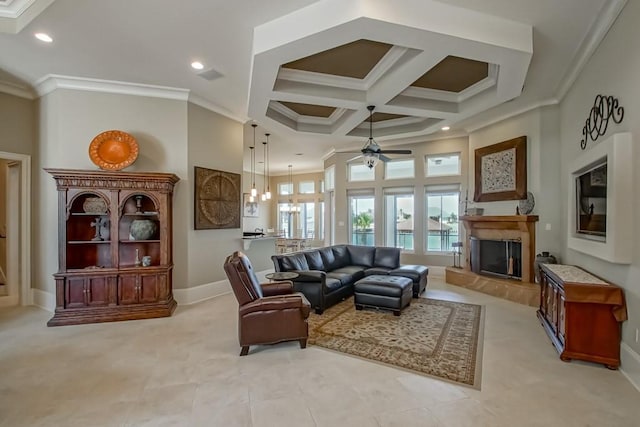 3012 Sunrise Blvd, Slidell, LA 70461 - living area featuring a ceiling fan, a glass covered fireplace, ornamental molding, recessed lighting, and coffered ceiling