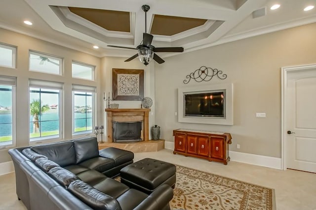 3012 Sunrise Blvd, Slidell, LA 70461 - living room featuring crown molding, a high end fireplace, recessed lighting, coffered ceiling, and a ceiling fan