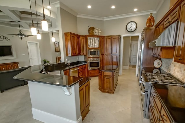 3012 Sunrise Blvd, Slidell, LA 70461 - kitchen with appliances with stainless steel finishes, dark countertops, decorative backsplash, ceiling fan, and ornamental molding