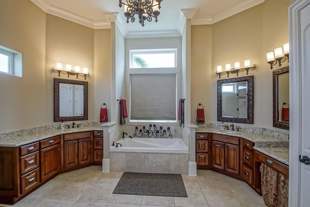 3012 Sunrise Blvd, Slidell, LA 70461 - bathroom with plenty of natural light, ornamental molding, a chandelier, and a garden tub