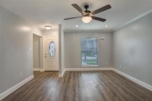 176 Meadowmoss Dr, Slidell, LA 70458 - foyer with a ceiling fan, dark wood-type flooring, crown molding, and recessed lighting