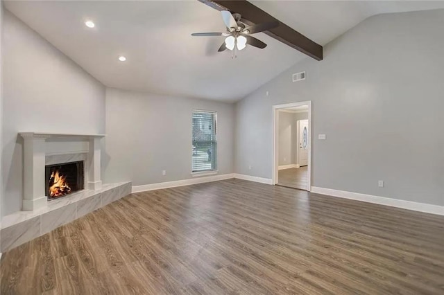 176 Meadowmoss Dr, Slidell, LA 70458 - unfurnished living room with ceiling fan, wood finished floors, a fireplace, and recessed lighting