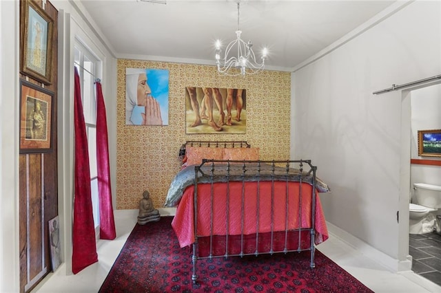 3705 Carondelet St, New Orleans, LA 70115 - bedroom with crown molding, a chandelier, a barn door, and wallpapered walls