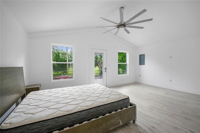 137 N Roadway St Unit 123, New Orleans, LA 70124 - bedroom featuring multiple windows, access to outside, wood finished floors, vaulted ceiling, and a ceiling fan