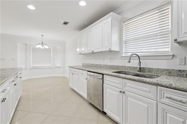 9962 E Wheaton Cir, New Orleans, LA 70127 - kitchen with stainless steel dishwasher, white cabinetry, a chandelier, crown molding, and recessed lighting