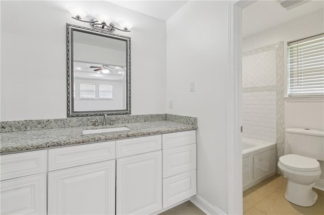 9962 E Wheaton Cir, New Orleans, LA 70127 - full bathroom featuring vanity, bathing tub / shower combination, tile patterned floors, and a ceiling fan
