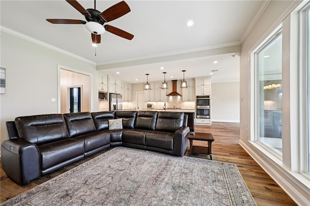 122 Highland Crest Dr, Covington, LA 70435 - living room with a ceiling fan, wood finished floors, ornamental molding, and recessed lighting