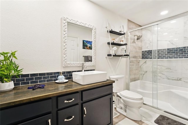542 Huseman Ln, Covington, LA 70435 - full bath featuring vanity, a stall shower, marble finish flooring, and decorative backsplash