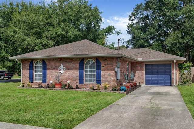 3039 College St, Slidell, LA 70458 - ranch-style house with a garage, roof with shingles, a front lawn, concrete driveway, and brick siding