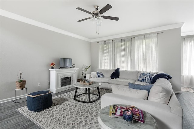 5681 Oakworth St, Slidell, LA 70461 - living area with wood finished floors, ornamental molding, a ceiling fan, and a fireplace