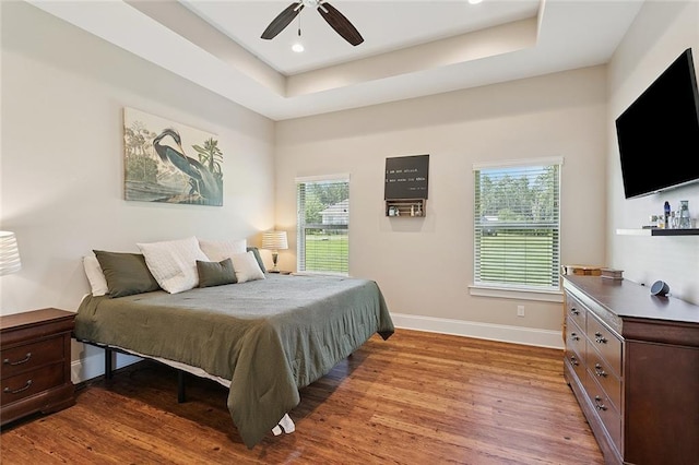 53131 S Bennett Rd, Independence, LA 70443 - bedroom with wood finished floors, multiple windows, a raised ceiling, recessed lighting, and a ceiling fan