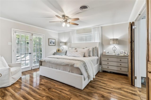 163 Tchefuncte Dr, Covington, LA 70433 - bedroom featuring crown molding, access to outside, wood finished floors, and a ceiling fan