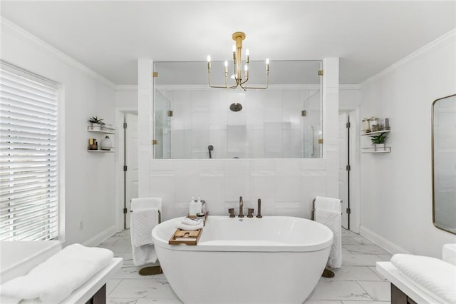 163 Tchefuncte Dr, Covington, LA 70433 - full bath featuring marble look tiles, a freestanding bath, a stall shower, crown molding, and a chandelier
