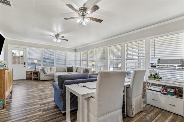 163 Tchefuncte Dr, Covington, LA 70433 - living room featuring a ceiling fan, wood finished floors, and crown molding