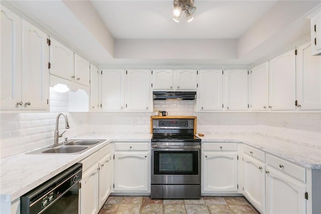 643 Stoney Creek Ave, Baton Rouge, LA 70808 - kitchen with stainless steel electric stove, dishwasher, under cabinet range hood, white cabinetry, and tasteful backsplash
