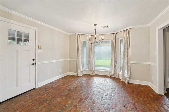 82 Melrose Dr, Destrehan, LA 70047 - unfurnished dining area with a chandelier, plenty of natural light, brick flooring, and crown molding