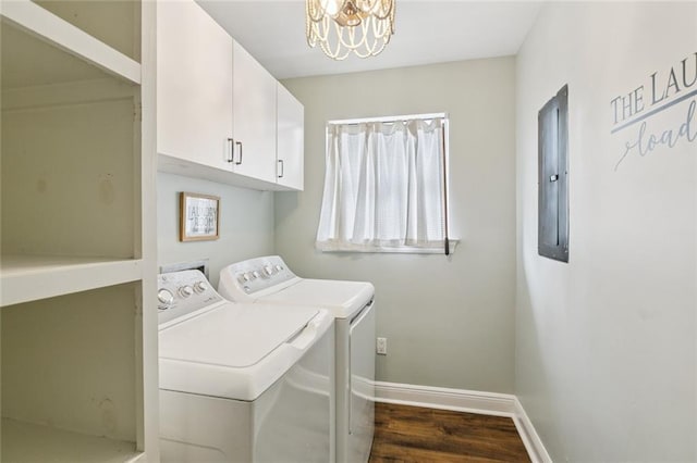 82 Melrose Dr, Destrehan, LA 70047 - washroom with cabinet space, independent washer and dryer, a chandelier, electric panel, and dark wood-style flooring