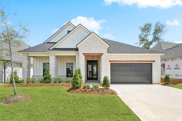 4233 Cypress Point Dr, Covington, LA 70433 - modern inspired farmhouse with board and batten siding, a garage, driveway, a front lawn, and roof with shingles