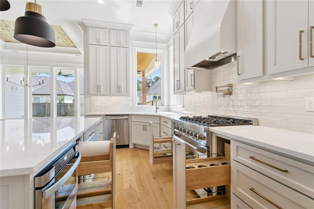 4233 Cypress Point Dr, Covington, LA 70433 - kitchen featuring appliances with stainless steel finishes, custom range hood, light wood-style floors, decorative backsplash, and decorative light fixtures