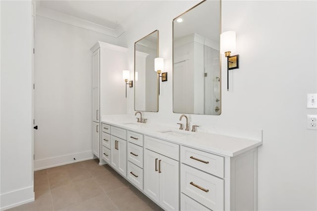 4233 Cypress Point Dr, Covington, LA 70433 - bathroom featuring double vanity, tile patterned flooring, a shower, and ornamental molding