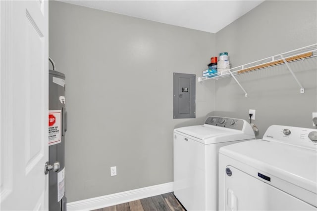 721 Heavens Dr Unit 6, Mandeville, LA 70471 - laundry room featuring electric panel, washing machine and dryer, dark wood-type flooring, and water heater
