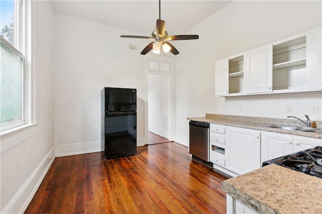 332426 Banks St, New Orleans, LA 70119 - kitchen featuring open shelves, freestanding refrigerator, dishwasher, ceiling fan, and dark wood finished floors