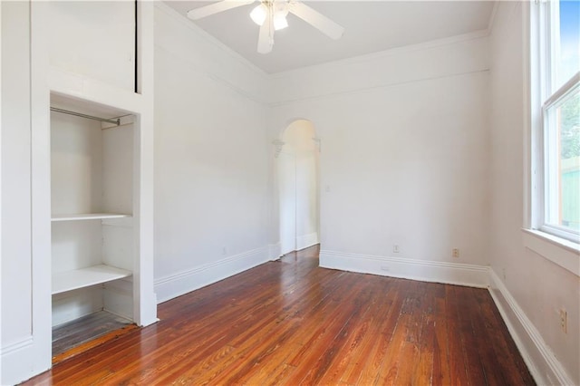 332426 Banks St, New Orleans, LA 70119 - unfurnished bedroom with hardwood / wood-style flooring, ornamental molding, and ceiling fan