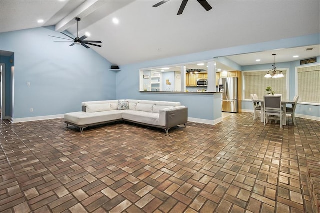 213 Chimaera Ln, Slidell, LA 70458 - living room with a ceiling fan, a chandelier, brick patterned flooring, and recessed lighting
