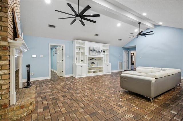213 Chimaera Ln, Slidell, LA 70458 - living area featuring a ceiling fan, a fireplace, brick patterned flooring, high vaulted ceiling, and recessed lighting