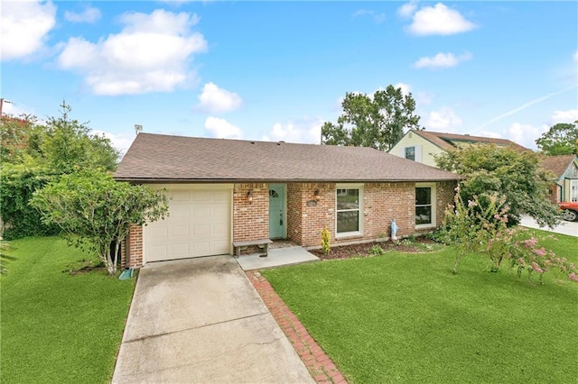 2638 Gallinghouse St, New Orleans, LA 70131 - ranch-style house with brick siding, driveway, an attached garage, a front yard, and a shingled roof