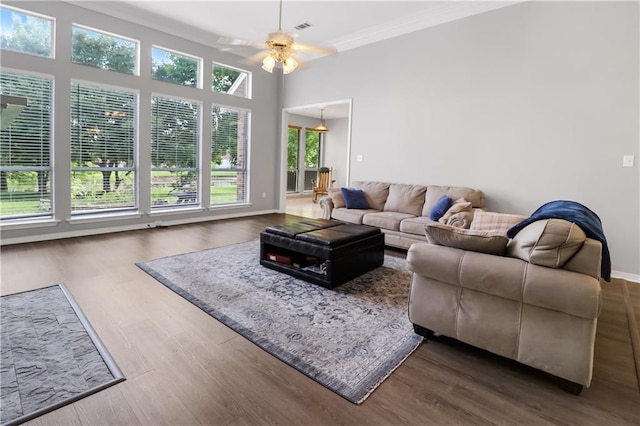 1022 Forest Ridge Loop, Pearl River, LA 70452 - living room featuring ceiling fan, ornamental molding, and wood finished floors