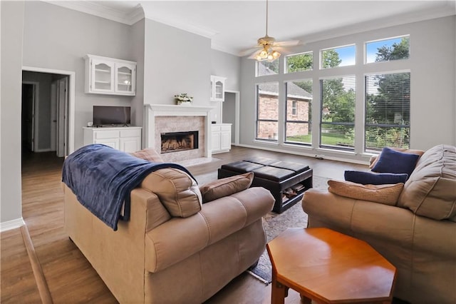 1022 Forest Ridge Loop, Pearl River, LA 70452 - living area featuring crown molding, wood finished floors, a ceiling fan, and a fireplace