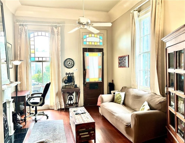 91315 Arabella St, New Orleans, LA 70115 - office area featuring healthy amount of natural light, a ceiling fan, and dark wood-style floors