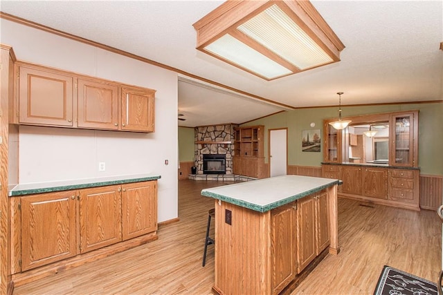 25169 Stepp Rd, Robert, LA 70455 - kitchen with light wood-style flooring, vaulted ceiling, ornamental molding, a stone fireplace, and wainscoting