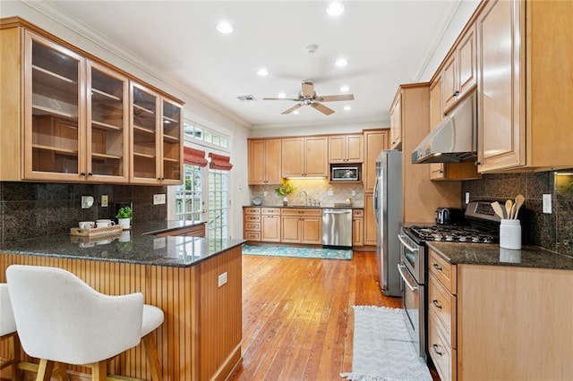 1906 Audubon St, New Orleans, LA 70118 - kitchen with appliances with stainless steel finishes, under cabinet range hood, ornamental molding, decorative backsplash, and a peninsula