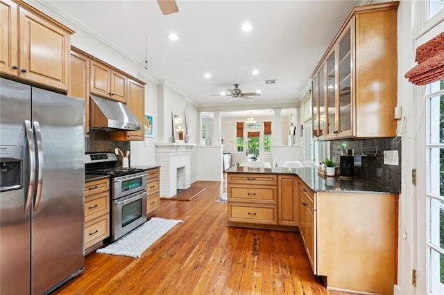 1906 Audubon St, New Orleans, LA 70118 - kitchen featuring appliances with stainless steel finishes, under cabinet range hood, a ceiling fan, ornamental molding, and healthy amount of natural light