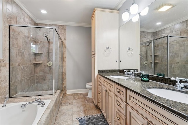 1906 Audubon St, New Orleans, LA 70118 - bathroom with crown molding, double vanity, a shower stall, a bath, and recessed lighting