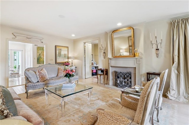 450 Fairway Dr, New Orleans, LA 70124 - living area with ornamental molding, a fireplace with raised hearth, and recessed lighting