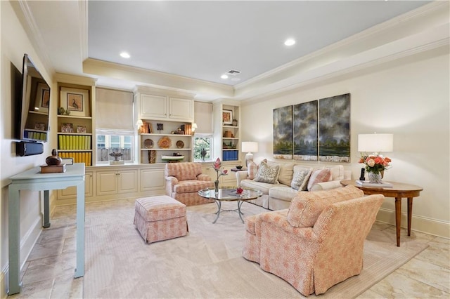 450 Fairway Dr, New Orleans, LA 70124 - living room featuring ornamental molding, a tray ceiling, and recessed lighting