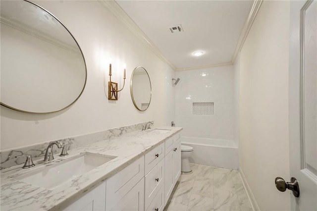 5613 Morton St, Metairie, LA 70003 - bathroom featuring crown molding, marble look tile flooring, double vanity, and bathtub / shower combination