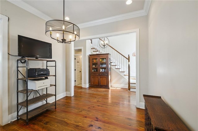 819 Franklin Ave, New Orleans, LA 70117 - foyer featuring a chandelier, stairway, wood finished floors, and ornamental molding